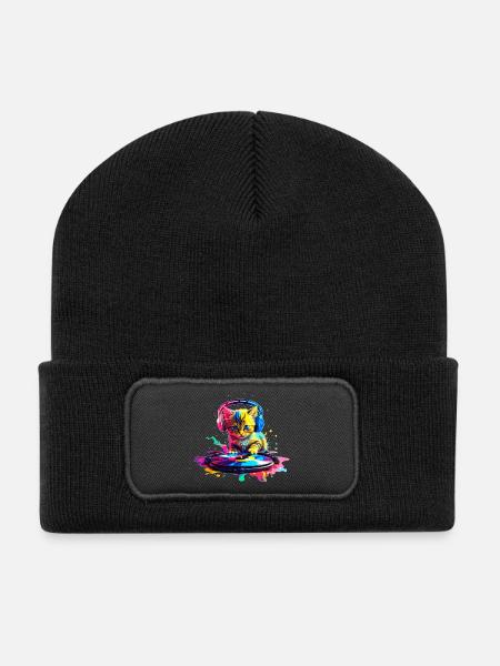 Chaton DJ - Arc-en-ciel - Beanie recyclé à patch - noir