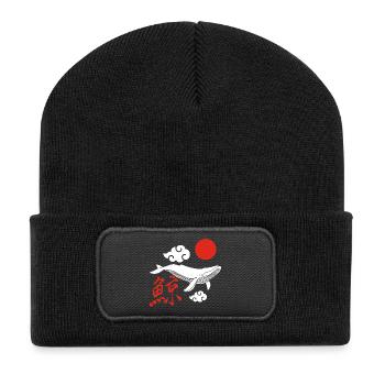 Weißer Wal und rote Sonne - Recycelte Patch Beanie - Schwarz - Vorne