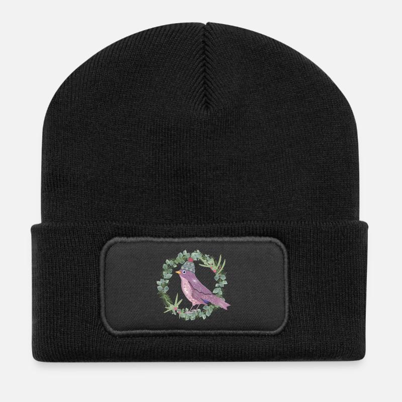 Vogel mit Misteln & Eukalyptus in Winter Stimmung - Recycelte Patch Beanie - Schwarz