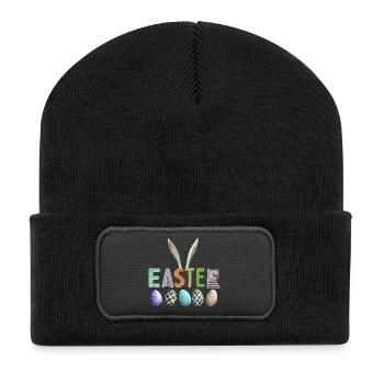 Osterdesign mit bunter Eierfamilie - Recycelte Patch Beanie - Schwarz - Vorne