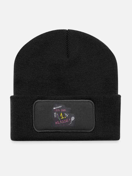 Ich bin 1. Klasse | Tafel Kreide - rosa gelb  - Recycelte Patch Beanie - Schwarz