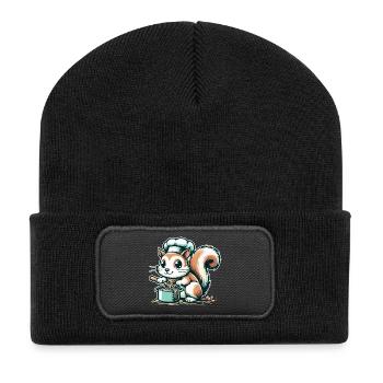 Cute cartoon squirrel cooking spaghetti - Recycled Patch Beanie - black - Front