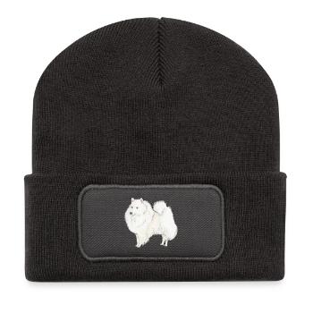 Japanischer Spitz Hund Aufkleber - Recycelte Patch Beanie - Dunkelgrau - Vorne