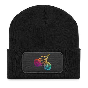 Illustration de vélo géométrique arc-en-ciel - Beanie recyclé à patch - noir - Devant
