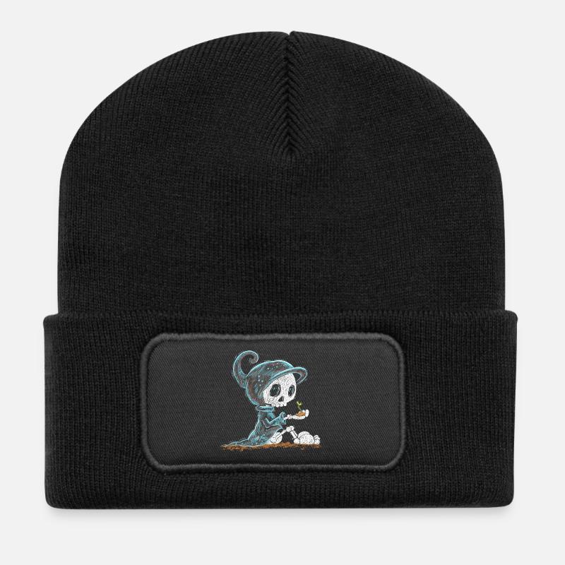 Skelett Hält Pflanze Hoffnung Entstehung - Recycelte Patch Beanie - Schwarz