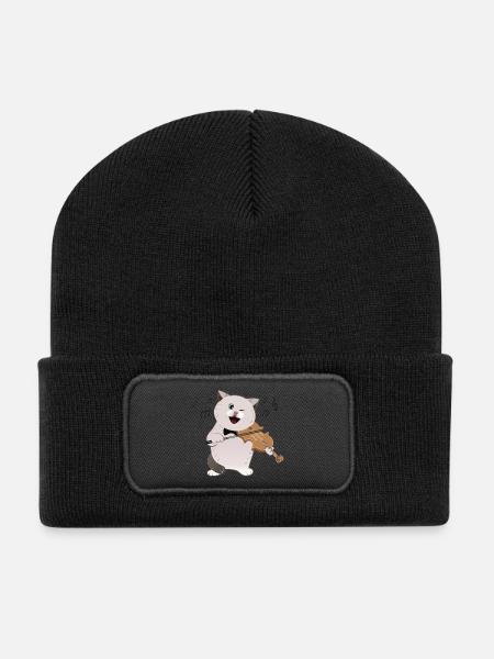 süße mollige Katze, die Geige spielt - Recycelte Patch Beanie - Schwarz