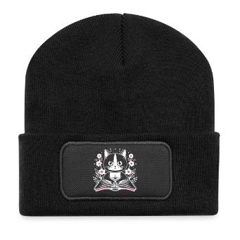 Lesende süße Katze mit Buch und Blumen - Recycelte Patch Beanie - Schwarz - Vorne