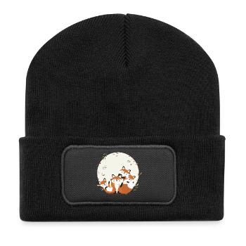 Happy fox family–Harmonious forest animal design - Recycled Patch Beanie - black - Front