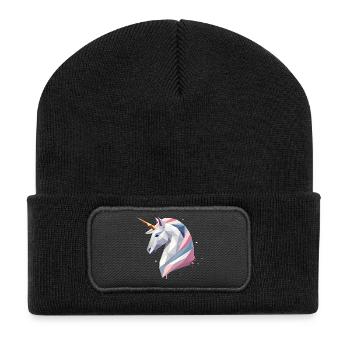 Geometrisches Einhorn – Moderne Eleganz - Recycelte Patch Beanie - Schwarz - Vorne