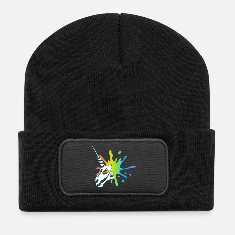 Einhorn-Totenschädel und mehrfarbige Explosion - Recycelte Patch Beanie - Schwarz