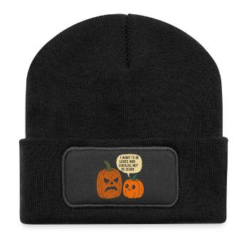 Kuscheliges Halloween Kürbis Duo - Recycelte Patch Beanie - Schwarz - Vorne