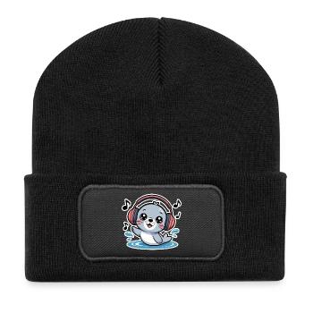 Cute seal with headphones and music notes - Recycled Patch Beanie - black - Front