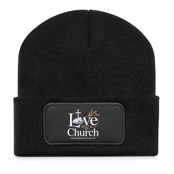 I Love My Church Cross Christian Streetwear - Recycelte Patch Beanie - Schwarz - Vorne