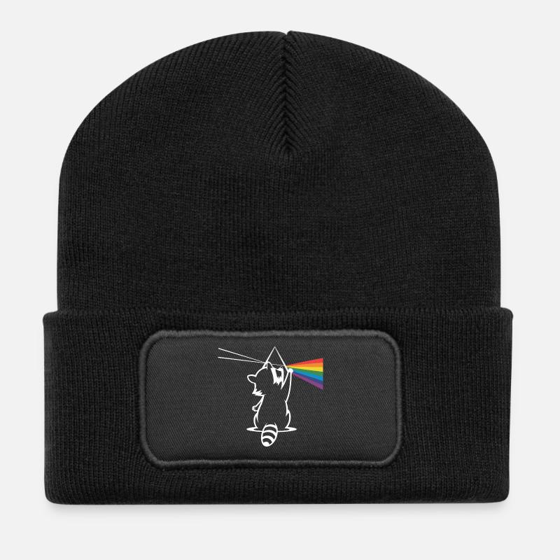 Waschbär Mit Prisma Und Regenbogen Spektrum - Recycelte Patch Beanie - Schwarz