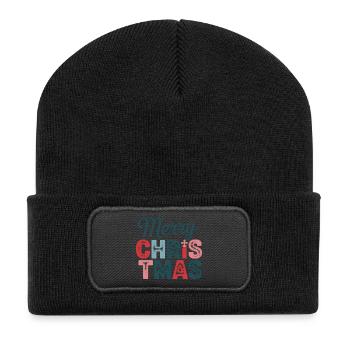 Buntes Weihnachtsdesign Frohe Weihnachten - Recycelte Patch Beanie - Schwarz - Vorne