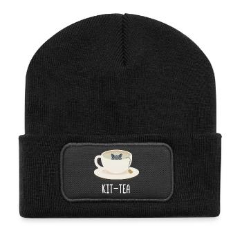 Lustige Kit-Tea Katze Lustige Britisch Kurzhaar Katze - Recycelte Patch Beanie - Schwarz - Vorne