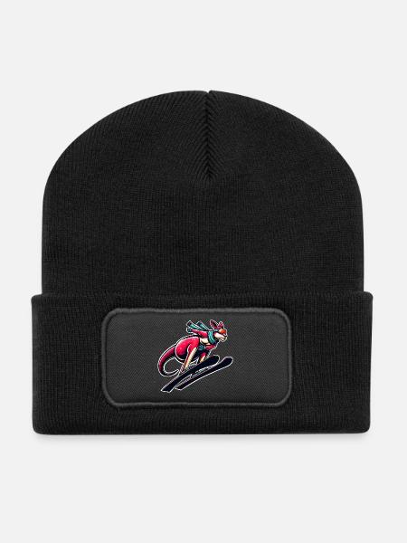 Kangaroo skiing Winter sports fun - Recycled Patch Beanie - black