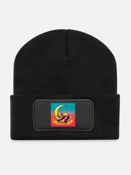 Sloth sleeps on the Moon - Recycled Patch Beanie - black