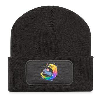 Bunte Maus im Farbwirbel - Recycelte Patch Beanie - Dunkelgrau - Vorne