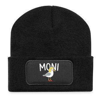 witziges Möwen Design Moni, Moin Persiflage - Recycelte Patch Beanie - Schwarz - Vorne