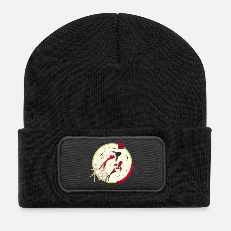 Koi Zen Mondkreis Wohlstand - Recycelte Patch Beanie - Schwarz
