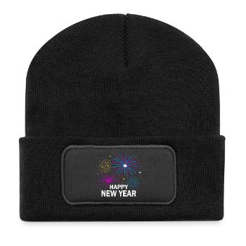 Feuerwerk Silvester Design – Happy New Year - Recycelte Patch Beanie - Schwarz - Vorne