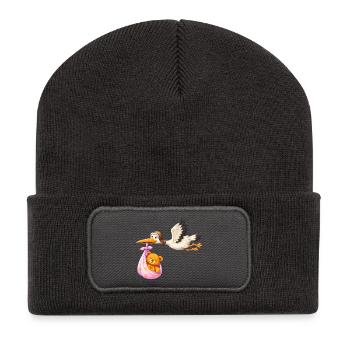 Baby Girl Stork with Teddy in Cloth Gift - Recycled Patch Beanie - dark grey - Front