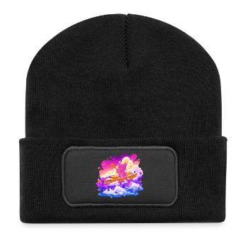 Bunter Teddyboot im Wolkenmeer - Recycelte Patch Beanie - Schwarz - Vorne