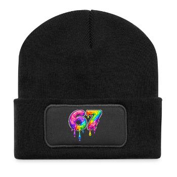 67 Six Seven Meme Gen Alpha Slang - Recycelte Patch Beanie - Schwarz - Vorne