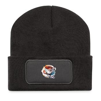 Wasserfarbene Kaffeetasse Aquarell - Recycelte Patch Beanie - Dunkelgrau - Vorne