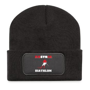 Biathlet Silhouette Rot Weiß Österreich - Recycelte Patch Beanie - Dunkelgrau - Vorne