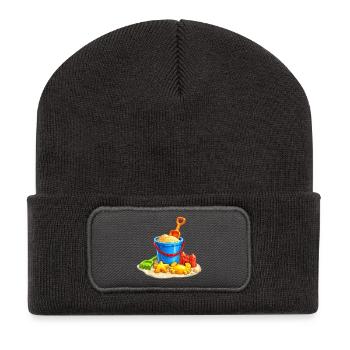 Strandspielzeug im Sand am Meer  - Recycelte Patch Beanie - Dunkelgrau - Vorne