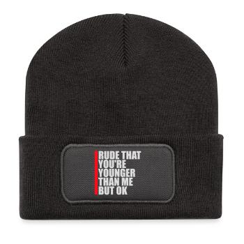 Rude that you're younger than me but ok Birthday - Recycled Patch Beanie - dark grey - Front