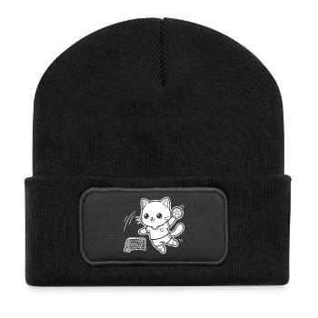 Kawaii Katze Handballspieler - Recycelte Patch Beanie - Schwarz - Vorne