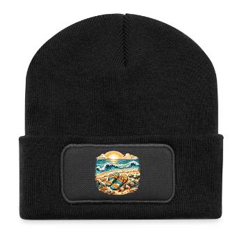 Sonnenuntergang am Strand Illustration - Recycelte Patch Beanie - Schwarz - Vorne
