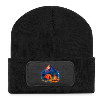 Colored mountain camping tent by the fire - Recycled Patch Beanie - black - Front