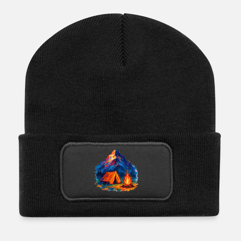 Colored mountain camping tent by the fire - Recycled Patch Beanie - black