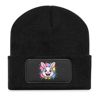 Fröhliche Hasen-Illustration mit Farbspritzern - Recycelte Patch Beanie - Schwarz - Vorne