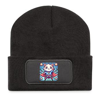 Kuschliger Katzen Superheld Kätzchen  - Recycelte Patch Beanie - Dunkelgrau - Vorne