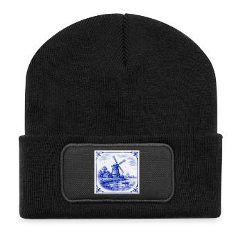 Delfter Windmühle am See - Recycelte Patch Beanie - Schwarz - Vorne