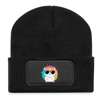 Bunter Sonnenhamster mit auffälligen Brillen - Recycelte Patch Beanie - Schwarz - Vorne