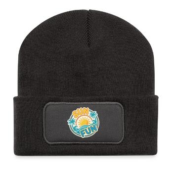 Sun Fun – Tropisches Sommer-Aufkleberdesign - Recycelte Patch Beanie - Dunkelgrau - Vorne