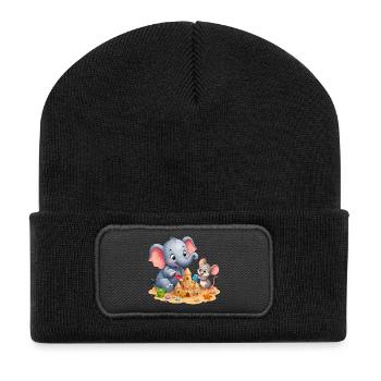 Sandkunst Freundschaft Elefant Maus - Recycelte Patch Beanie - Schwarz - Vorne