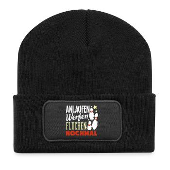 Anlaufen Werfen Fluchen Bowling - Recycelte Patch Beanie - Schwarz - Vorne