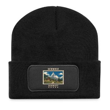 Schweiz Zermatt Vintage Reisemarke - Recycelte Patch Beanie - Schwarz - Vorne