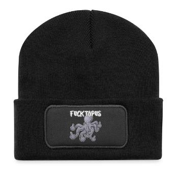 Fucktopuss – Frecher Oktopus Cartoon - Recycelte Patch Beanie - Schwarz - Vorne