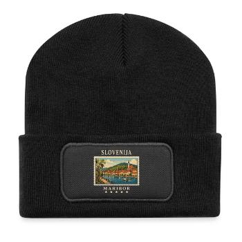 Slowenien Maribor Vintage Reisemarke - Recycelte Patch Beanie - Schwarz - Vorne