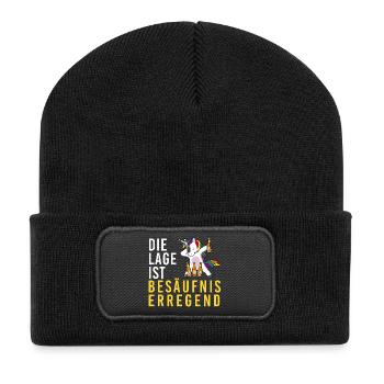Lage ist besäufniserregend, Einhorn Bierflasche - Recycelte Patch Beanie - Schwarz - Vorne