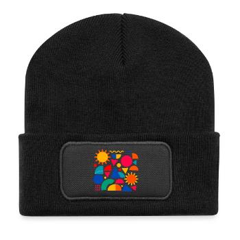 Geometrische Farbexplosion: Sonnige Formen - Recycelte Patch Beanie - Schwarz - Vorne