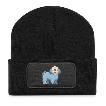 Hellblauer zotteliger Hund (Comic) - Recycelte Patch Beanie - Schwarz - Vorne